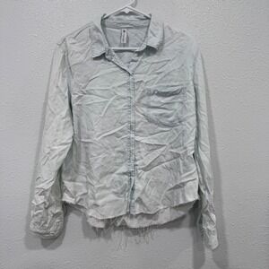Zara Light Wash Denim Shirt Womens Medium Frayed Raw Hem Long Sleeve Button Down